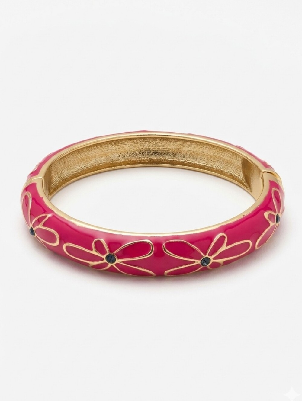 Gold-Tone Pink Floral Enamel Hinged Bangle Bracelet